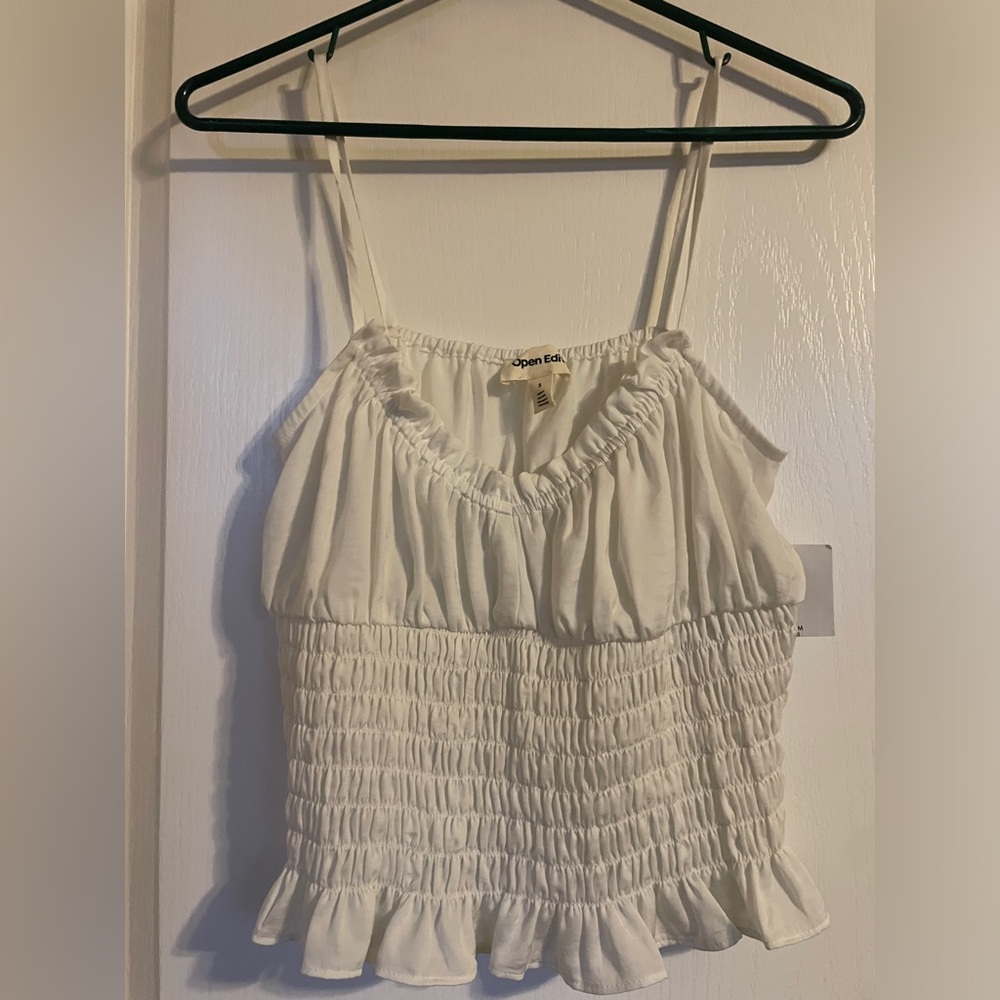 Open Edit Ivory Smocked Camisole Ruffle Hem Spaghetti Strap Top Small NEW
